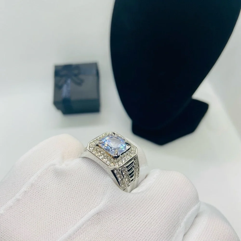 NEW Men Silver Square Diamond Wide Band Ring - Picture 10 of 11